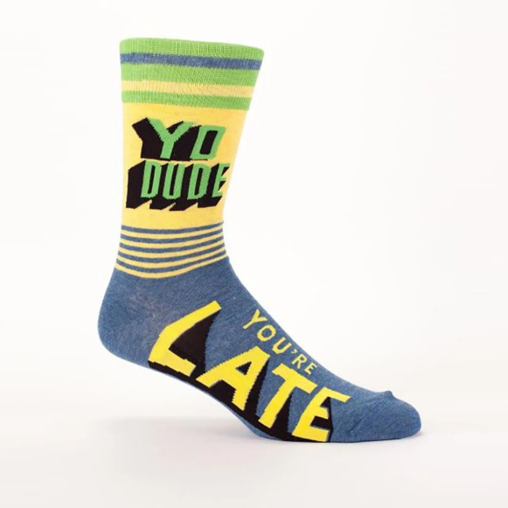 Blue Q Men's "Yo Dude, You're Late" Cotton Novelty Crew Socks NWT Shoe Size 7-12